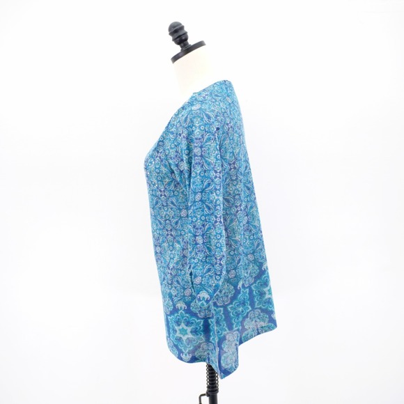 Kim Rogers PM Petite Teal Blue Rhinestone Scoop Neck Scrun 3/4 Sleeve Blouse Top - Picture 4 of 8